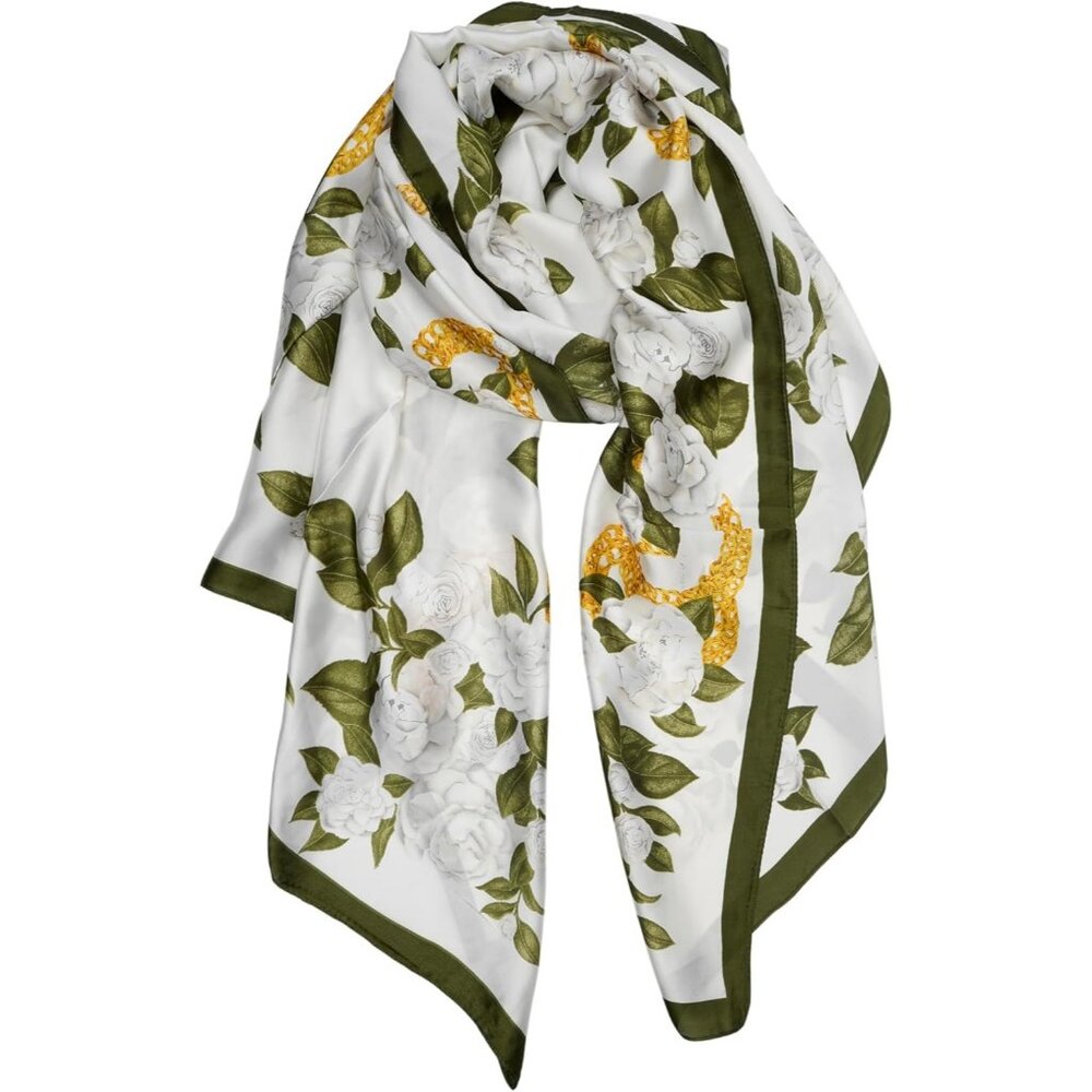 Women Green and White Long Stain Mulberry Silk Shawl Lightweight Sunscreen Scarf
